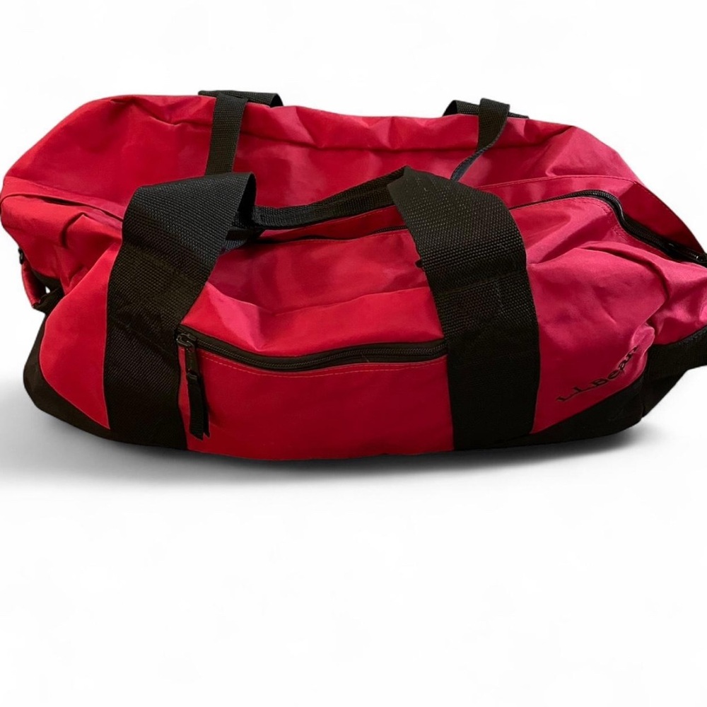 Vintage 90s LL Bean Distressed Spell Out Handled Duffel Bag Gym Bag Carry On Red